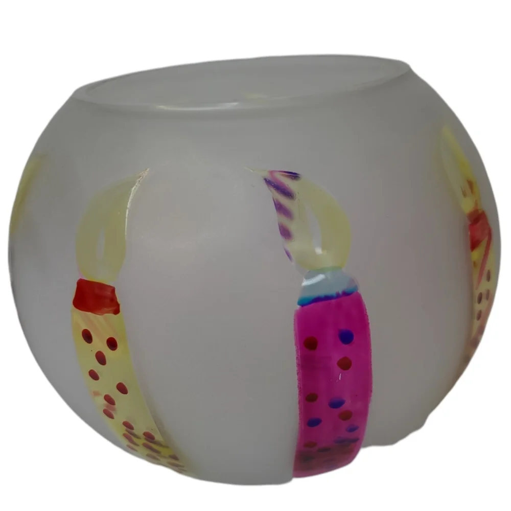 TeleFlora Circle Frosted Glass Vase Bowl w/‎ Multi-Color Hand Painted Candles